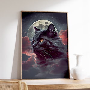 Witch Cat Wall Art | Dark Cat Aesthetic Poster | Stormy Sky Print | Gothic Wall Art | Moon Print | Cloud Artwork | Vintage Painting