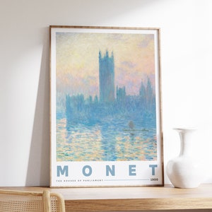 Las Casas del Parlamento de Claude Monet / Póster de exposición / Paisaje marino antiguo con puesta de sol y océano / Famosa pintura estética de paisaje marino en silencio