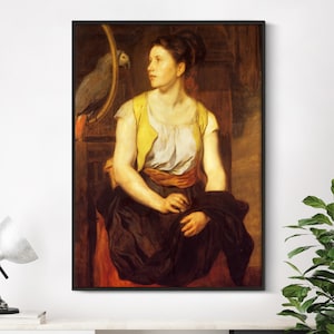Mädchen mit Papagei Wandkunst | Antike Frau Leinwand | Ölgemälde Ölgemälde | Giclee Druck | Vintage Frauenbild | Wanddeko Poster