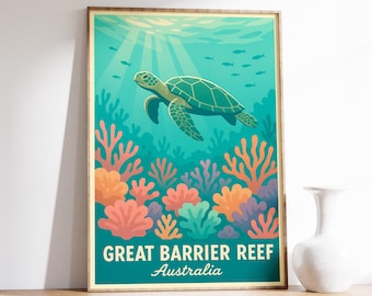 Poster Great Barrier Reef, kunst aan de muur Australië, koraalrifschildpad print, oceaandecor, cadeau zeeleven