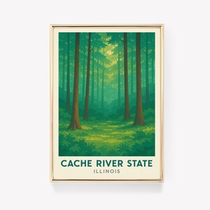 May include: A framed print featuring a forest scene with tall trees and a path leading into the distance. The artwork is dominated by shades of green and brown, with the text "CACHE RIVER STATE ILLINOIS" at the bottom. The frame has a gold finish.