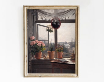 Artist's Studio Print | Moody Interior Print | Window View Painting | Vintage Still Life | Antique Floral Art | Interior Wall Art | Decor
