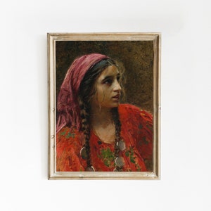 Retrato vintage de uma mulher | Arte de parede temperamental | Pintura a óleo de menina cigana | Retrato de mulher antiga | Pintura Vermelha | Pintura Vitoriana | Decoração