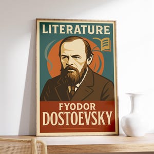 Póster de Fiódor Dostoievski / Arte mural vintage / Regalo para un ratón de biblioteca / Arte mural literario / Decoración literaria / Póster de autor