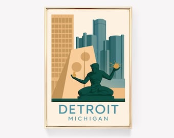 Detroit Travel Poster, Michigan Wall Art, Vintage Print, Detroit Cityscape Decor, Travel Gift