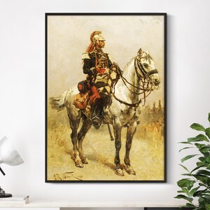 May include: A painting of a soldier on horseback. The soldier is wearing a red and white uniform and a helmet with a plume. The horse is white and has a black bridle. The background is a landscape with trees and bushes.