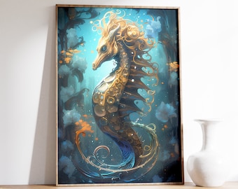 Seahorse Print | Sea Life Print | Vintage Beach Decor | Nautical Wall Decor | Ocean Aesthetic Poster | Sea Creature | Moody Sea Art