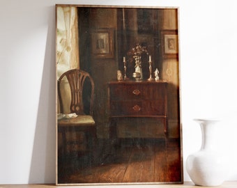 Vintage Interior Oil Painting | Carl Holsøe - Interior With Chair (1888) | Moody Poster | Chair Painting | Interior Wall Art | Muted Art