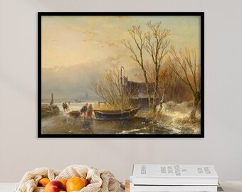Snow Painting | Country Painting | Dutch Landscape | Winter Landscape | Farmhouse Decor | Vintage Painting | Canvas Wall Art Print Poster