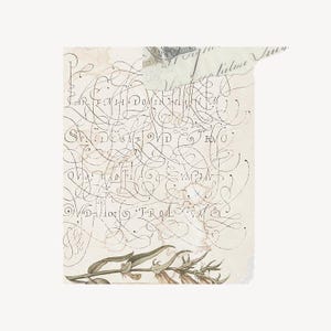 May include: A vintage, cream-coloured paper with faded black ink calligraphy. The calligraphy is in a cursive script and includes the words "ART: F:LH DOMINI" and "S: DES: RD: HO". A small, faded floral illustration is at the bottom of the page.