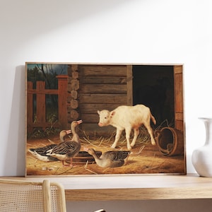 May include: A painting of a white calf standing in a barn with three brown and white geese. The calf is looking at the geese, who are looking at the calf. The barn is made of wood and has a wooden door. There is a wooden fence in the background.