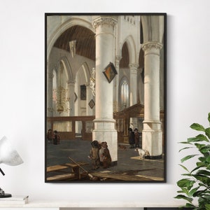 Può includere: Un dipinto che rappresenta l'interno di una chiesa con alte colonne bianche e un soffitto a volta. La luce del sole entra da una finestra, illuminando lo spazio. Sono visibili diverse figure, tra cui due bambini in piedi vicino a un pilastro.