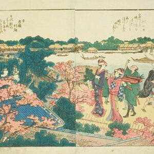 May include: A Japanese woodblock print depicting a scene of people in traditional clothing walking along a riverbank with cherry blossoms in bloom. The print is in shades of blue, green, pink, and white.