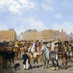 May include: A painting depicting a bustling horse market in London.  The scene is filled with people, horses, and carriages.  The buildings in the background are brick and have many windows.  The sky is blue with white clouds.