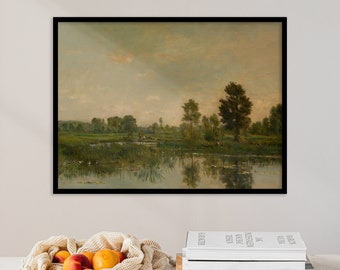 River Landscape | Countryside Painting | Meadow Oil Painting | Farmhouse Decor | Vintage Print | Riverside Decor | Canvas Gift Print Poster