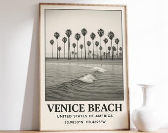Venice Beach Poster, California Coast Print, Venice Wall Art, Palm Tree Beach Decor, Venice Beach Waves Art