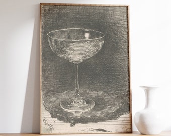 May include: A black and white line drawing of a stemmed glass with a wide bowl, resting on a textured surface. The glass is empty and appears to be made of crystal.