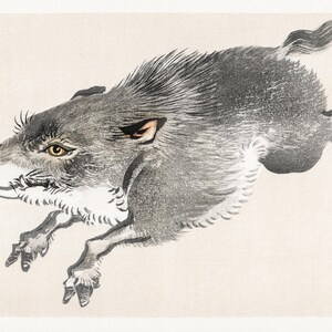 May include: A vintage Japanese woodblock print of a running boar. The artwork features a detailed illustration of the animal in shades of gray and black, with a cream-colored background. The boar is depicted mid-stride, with its legs extended.