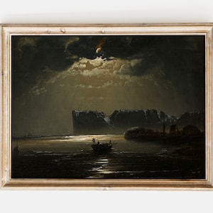 May include: A framed oil painting depicting a dark, moonlit seascape with a small boat in the foreground and a rocky cliff in the background. The moon is partially obscured by clouds, casting a soft glow on the water.