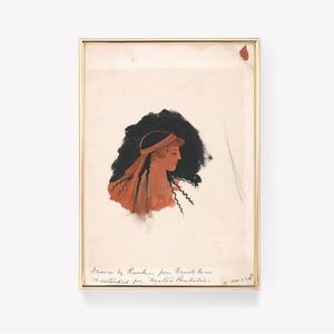May include: A framed drawing of a woman's profile in red and black. The woman is wearing a red headdress and has long black hair. The drawing is titled "Drawn by Ruskin from Greek vase - intended for Mrs. Ruskin's Album".