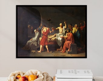 May include: A painting depicting a scene of a group of men in a room, one of whom is lying down and appears to be dying. The men are dressed in robes and are gathered around the dying man. The painting is set in a room with a stone wall and a wooden floor. The painting is in a dark, somber tone.