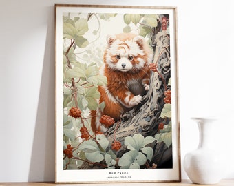 Impressão artística japonesa | Impressão de panda-vermelho | Arte de parede com animais | Arte tradicional japonesa | Presente para amantes de pandas-vermelhos