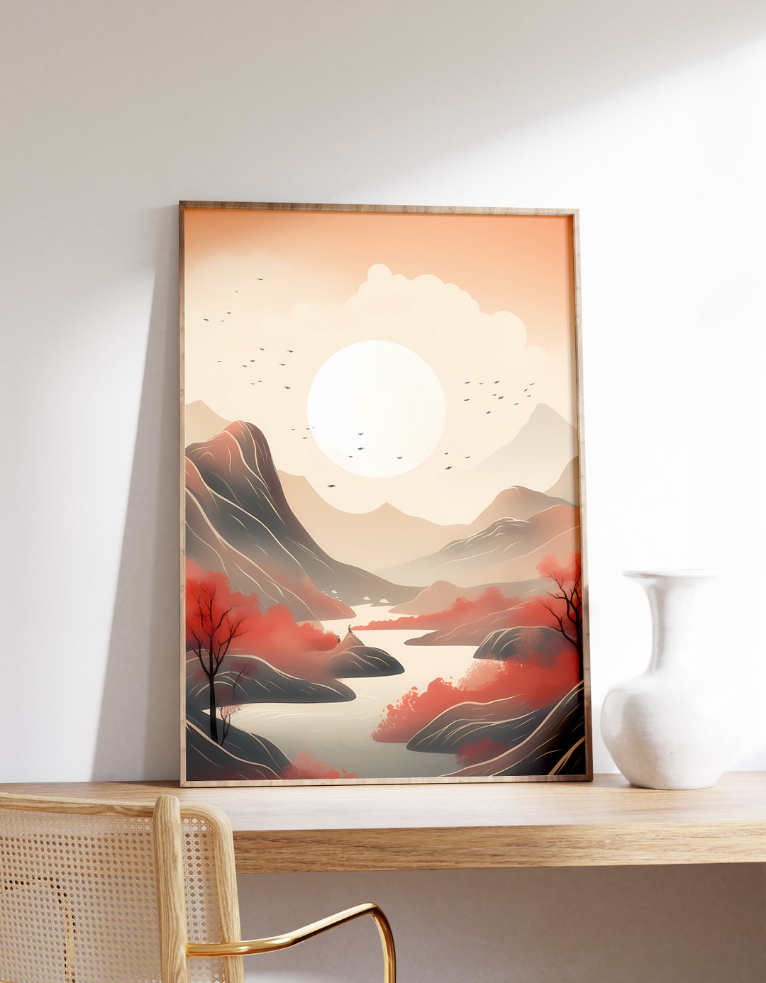 Terracotta Sun Mountain Print | Minimal Wall Art | Mid Century Abstract ...