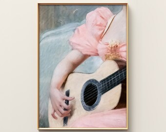 May include: A painting of a person playing a light brown acoustic guitar. The person is wearing a pink dress with a ruffled sleeve. The background is a light blue and green.