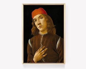 Op de afbeelding: Een schilderij van een jonge man met lang bruin haar, die een rode hoed en een bruine tuniek draagt. Hij kijkt de kijker aan met een serieuze uitdrukking en zijn rechterhand rust op zijn borst.
