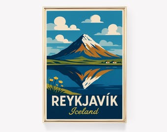Pôster de viagem de Reykjavík, arte de parede da Islândia, impressão de Reykjavík, decoração de parede em tela, presente da Islândia