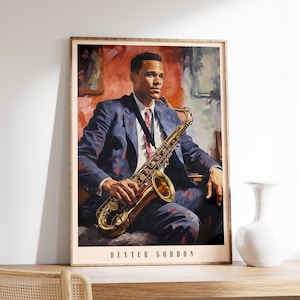 May include: A painting of a man in a blue suit playing a gold saxophone. The background is a red and orange color. The painting is titled "Dexter Gordon".