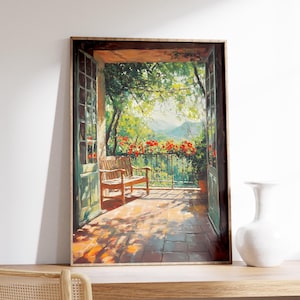 May include: A framed painting depicting a view from a balcony. The balcony is covered in a leafy vine and has a wooden bench. The view beyond the balcony is of a lush green landscape with a mountain range in the distance.
