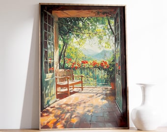 Henri Matisse-print, open raam, Henri Matisse-stijl fauvisme schilderij, moderne tentoonstellingsprint, openslaande deuren romantische tuinbank natuur