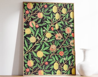 May include: Framed print with a botanical design of fruits and foliage. The pattern features green leaves, yellow and pink fruits, and red flowers on a dark background. The frame is a warm brown colour.