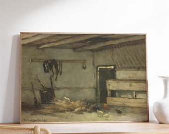 May include: A vintage oil painting depicting the interior of a barn with a wooden floor and a wooden beam ceiling. The painting features a collection of farm animals, including chickens and a horse, in the barn. The painting is framed in a simple wooden frame.
