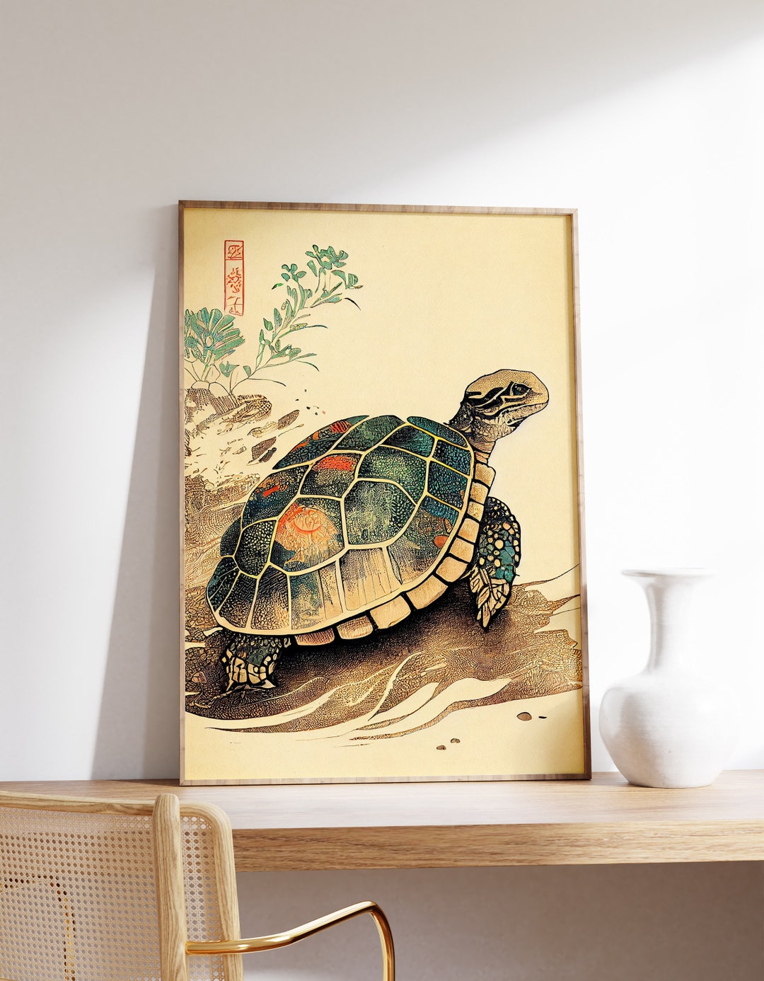 Stampa artistica da parete con tartaruga, stile vintage, verticale, stampa giclée, decorazione da parete moderna, per biblioteca, con cornice, 40 x 60 cm