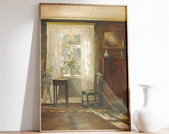 Interior Painting | Vintage Poster | Moody Oil Painting | Interior Scene Wall Art | Framed Print | Antique Canvas | Muted Art | Window Print