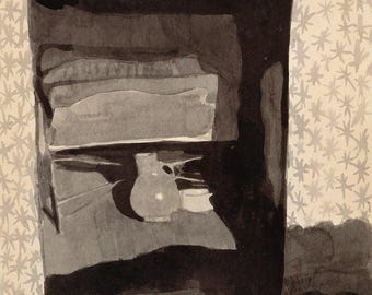 May include: A black and white watercolor painting of a shelf with a vase and a cup on it. The shelf is against a wall with a white and gray patterned wallpaper.