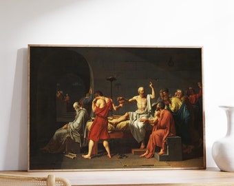 May include: A painting depicting a scene from the death of Socrates. The painting shows Socrates lying on a bed, surrounded by his friends and disciples. One of his friends is offering him a cup of hemlock, the poison that will end his life. The painting is set in a dark, prison-like room.