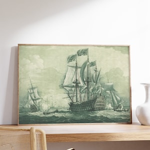Willem van de Velde der Jungere - Schiffsszene mit Kriegsschiff (1720) | Vintage Poster | Krieg Zeichnung Wandkunst | Skech Malerei Druck Dekor