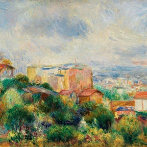 Może przedstawiać: Malowidło przedstawiające panoramę miasta z budynkami w oddali, widziane z wzgórza porośniętego zieloną roślinnością. Niebo jest jasnoniebieskie z białymi chmurami. Obraz został namalowany w luźnym, impresjonistycznym stylu.