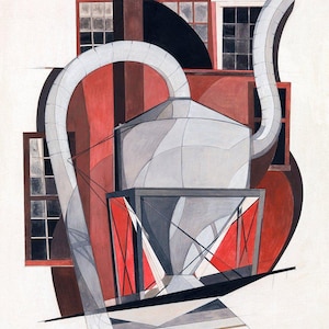 Op de afbeelding: Abstracte geometrische schilderij met een kleurenschema van grijs, zilver en rood. Het schilderij toont een grote, gebogen, grijze structuur met een rood en wit geometrisch patroon erin. Een gele cirkel bevindt zich in de rechterbovenhoek van het schilderij.