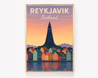 May include: A framed print depicting Reykjavik, Iceland, in a stylized illustration. The image features the Hallgrímskirkja church, colourful houses, and a water reflection, set against a sunset sky. The text "REYKJAVIK Iceland" is displayed at the top of the print.