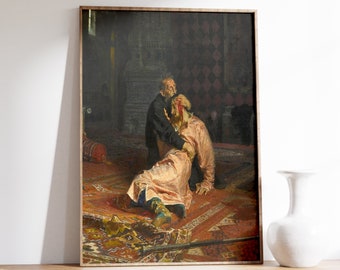 May include: A painting depicting a scene of a man in a dark robe holding another man who is lying on a patterned rug. The man on the rug has a red bandage on his head and is wearing a light pink robe. The painting is set in a room with a dark background and a patterned rug.