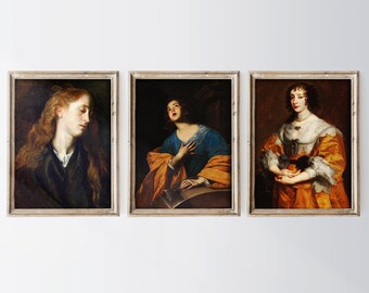 Conjunto de 3 cuadros barrocos para pared / Pinturas de estilo Dark Academia / Arte mural de mujer melancólica / Impresión en lienzo vintage de la época victoriana para decoración antigua y moderna
