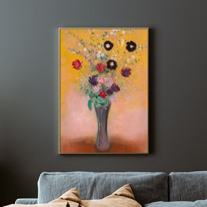 Odilon Redon - Jarrón de flores en jarrón alto (1909) / Vintage Painting Poster Print Flowers Bouquet Bunch Yellow Wall Art Decor - Naturaleza muerta
