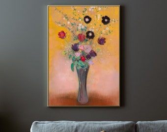 Odilon Redon - Vase of Flowers in Tall Vase (1909) | Vintage Painting Poster Print Flowers Bouquet Bunch Yellow Wall Art Decor - Still Life