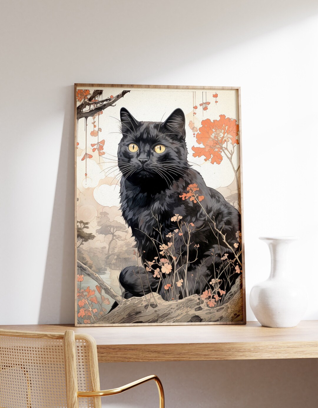 Japanese Black Cat Poster | Animal Poster | Black Cat Art Print ...