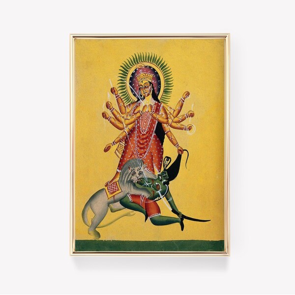 Goddess Durga | Kalighat Painting | Vintage Art | Indian Folk Print | Divine Wall Decor