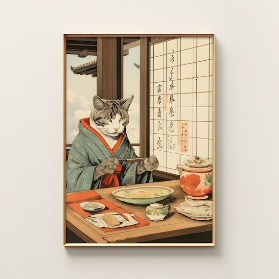 Japanese Cat Print | Funny Cat Print | Ramen Print | Japanese Food Print | Ukiyo-e Art Print | Cat Lovers Gift | Asian Art | Oriental Decor